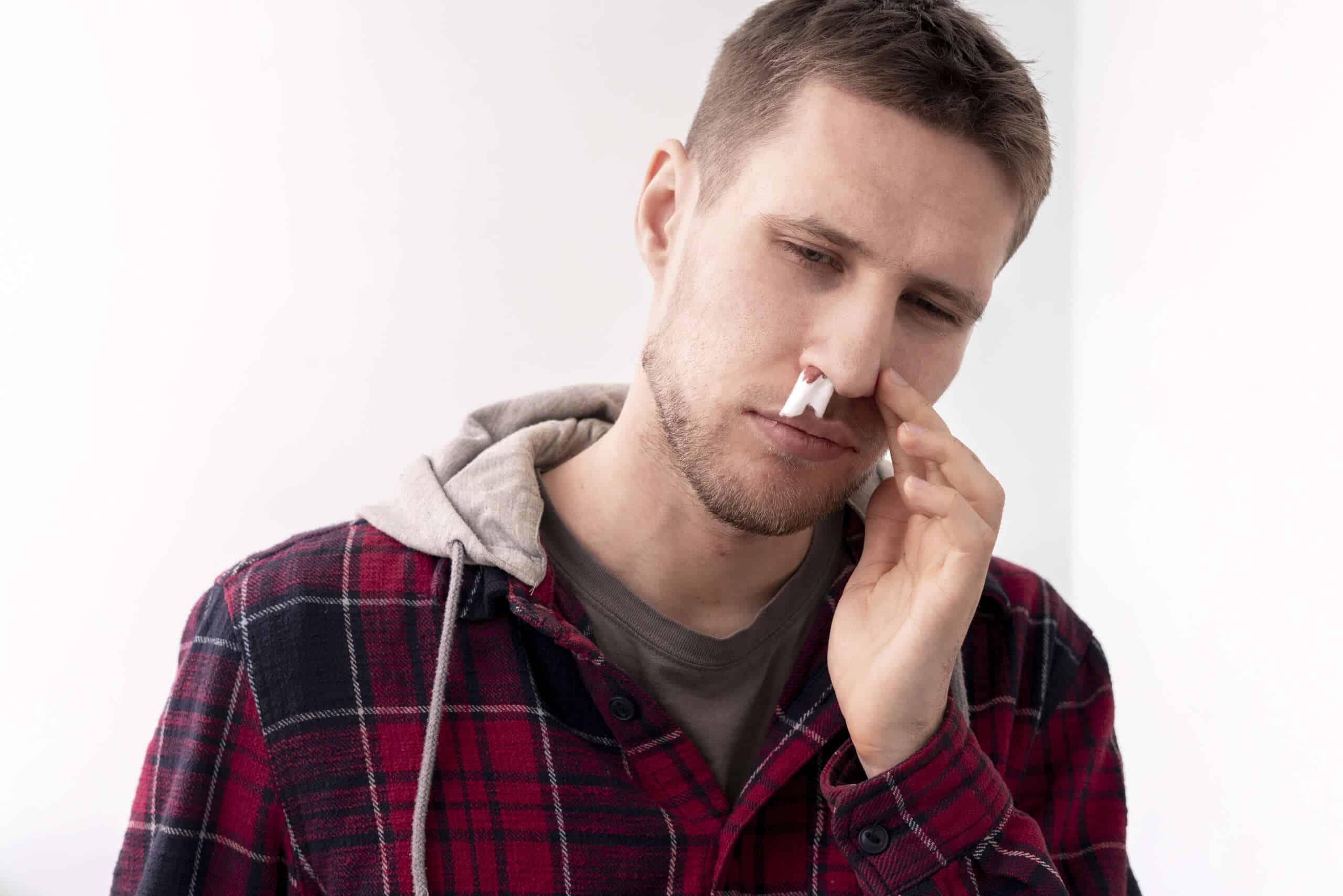 a man holding his coke nose that is bleeding
